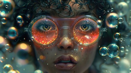 Wall Mural - Close Up Portrait of Woman with Glowing Glasses