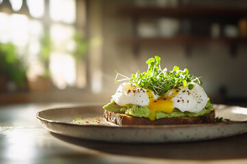 An avocado toast topped with poached eggs, microgreens, and a sprinkle of chili flakes, served on a rustic ceramic plate