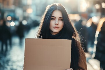 A realistic photo of a wealthy young woman with long black hair holding up a sign 