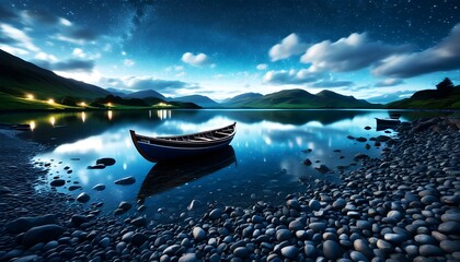 Wall Mural - Tranquil lakeside evening with reflections of boats under a starlit sky