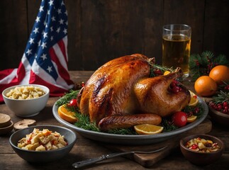 Deliciously carved turkey beside the proud American flag