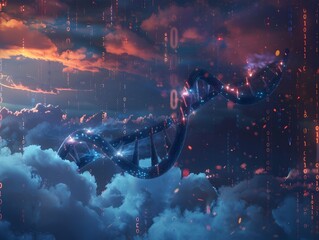 Poster - Glowing DNA Strand Symbolizing the Merging of Biology and Technology in a Digital Cloud Environment