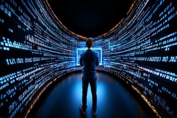 Poster - A person standing in front of a high-tech computer with data streams overwhelming the screen, symbolizing the challenge of managing information overload in a digital future