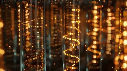 Poster - digital dna archive concept with binary code scrolling across glass tubes