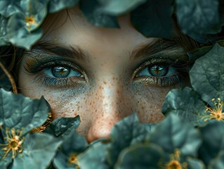 Wall Mural - Woman's Eyes Hidden in Green Leaves - A Captivating Portrait