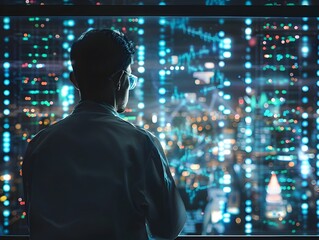 Poster - Scientist Examining Holographic DNA Sequence Data for City Infrastructure
