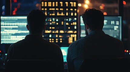 Silhouetted Figures in a Glowing City Skyline at Night