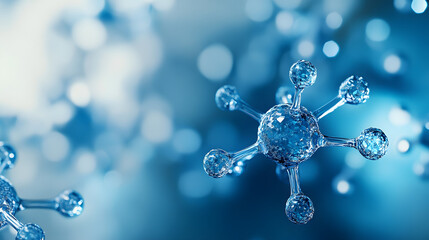 Sticker - Close-up of transparent molecules connected in a blue, scientific background, concept of molecular biology and chemistry