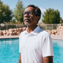 Wall Mural - a man in a white shirt stands near a pool