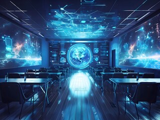 Poster - futuristic quantum powered classroom with holographic learning experiences