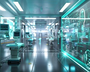 Poster - futuristic quantum powered hospital with instant data transfer for real time diagnostics and remote 