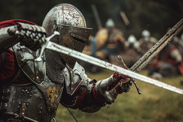 A man in a medieval costume is holding a sword