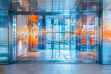 Poster - A large glass door with a city view in the background