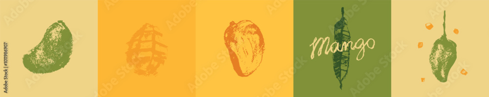 Mango icon set. Charcoal drawings. Organic Mango signs. Tropical fruit ...