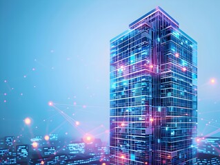 Poster - futuristic high rise building with smart energy management system adapting to grid demand and occupa