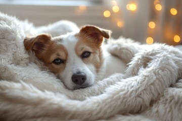 A white and brown dog with brown eyes is lying on a white furry blanket looking at the camera.