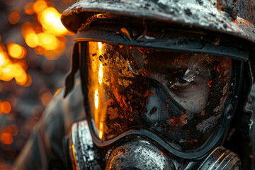 A firefighter is wearing a gas mask and a helmet, with a fire in the background