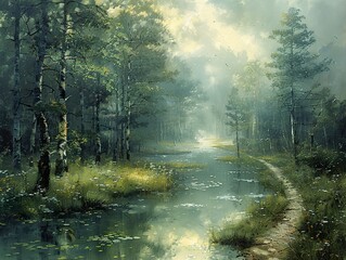 Canvas Print - Peaceful Forest Path with Misty Stream - Nature Landscape Painting