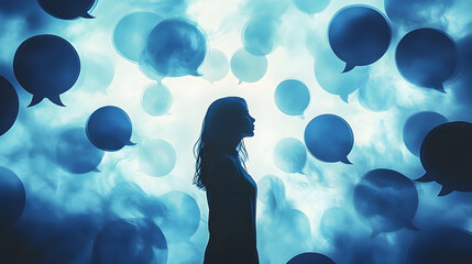 Poster - Silhouette of a woman amidst blue speech bubbles, depicting communication and the feeling of solitude, concept for mental health or social interaction