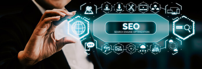 SEO - Search Engine Optimization for Online Marketing Concept. Modern interface showing symbol of keyword research website promotion by optimize customer searching and analyze market strategy. uds