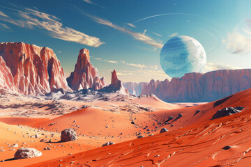 Wall Mural - A desolate desert landscape with a large blue planet in the sky