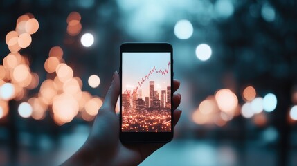 Wall Mural - Hand holding a smartphone displaying a stock market chart with positive growth, symbolizing economic success.