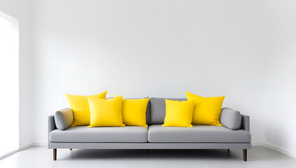 Wall Mural - grey sofa bright yellow pillows sits white wall empty space