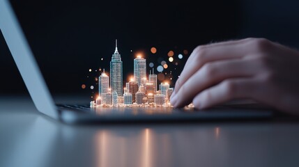 Poster - Hands typing on a laptop with a futuristic cityscape displayed on the screen, symbolizing digital growth and innovation.