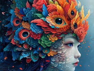 Wall Mural - Surreal Portrait of a Woman with Floral Crown