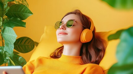 Poster - A young woman relaxes on a comfy chair, using headphones to listen to music streaming on her tablet, with a focus on enjoying a relaxing moment.