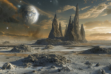 Poster - A desolate landscape with a large planet in the background