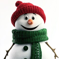 A cheerful snowman wearing a red knitted hat and green scarf stands against a bright white background, embodying the spirit of winter and holiday joy