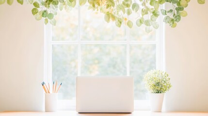 Poster - A minimalist home office with a clean desk, a laptop, and a stylish chair, showcasing an entrepreneur working comfortably and efficiently from home.