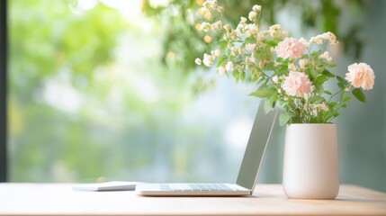 Sticker - A quiet corner in a coffee shop, with a laptop and a notebook, showcasing an entrepreneur working remotely in a casual setting.