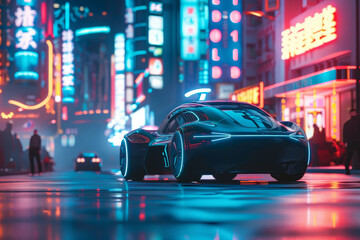 Sticker - A futuristic car is driving down a city street with neon signs in the background