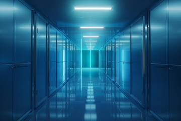 Poster - A long, narrow hallway with blue walls and neon lights