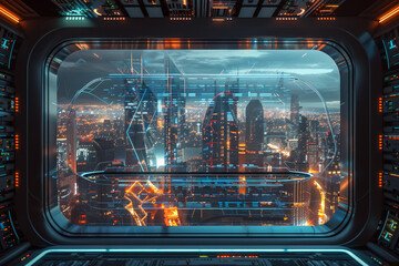 Poster - A futuristic cityscape is visible through a window in a spaceship