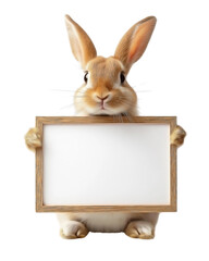 a brown rabbit holding blank white poster with thin wooden frame , isolated on transparent backgroun