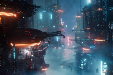 Poster - A futuristic cityscape with neon lights and tall buildings