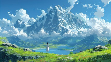 Poster - Woman Standing Before Majestic Mountain Landscape