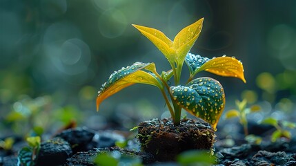 Wall Mural - Close-up of a Fresh Green Plant with Dew Drops