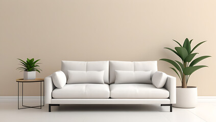 Wall Mural - white fabric sofa pillows side table potted plant beige wall empty space