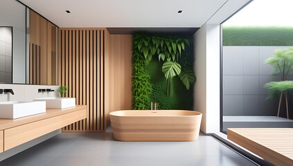 Wall Mural - wooden bathtub greenery