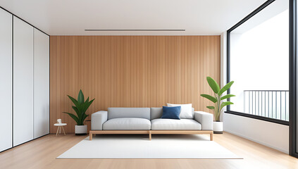 Wall Mural - empty modern living room white walls wooden paneling window plant