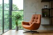 © Crafters Art - Brown leather recliner chair and corner section near window against concrete wall and shelving unit. Loft, minimalist home interior design of modern living, Generative AI