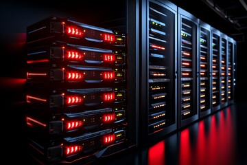 Poster - A server room with flashing red warning lights, indicating a data breach, representing the vulnerability of corporate networks to data theft