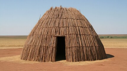 A traditional hut made of straw stands proudly in a wide grassy plain, basking in the bright daylight under a clear blue sky, showcasing its unique construction and natural materials