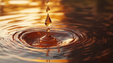 Poster - A single droplet of water falls onto a tranquil surface, sending ripples outward as the golden light of sunset enhances the vibrant hues and tranquil atmosphere