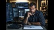 © Anna - A man with a beard sits thoughtfully at a desk, focused on multiple computer screens filled with code in a dimly lit office space. The atmosphere indicates a long work session in progress