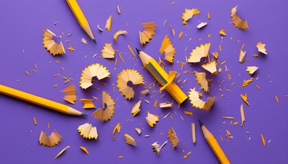 Wall Mural - Vibrant yellow pencil sharpener shavings scattered across a purple canvas